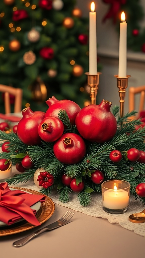 Christmas table decorated with pomegranates, greenery, and candles.